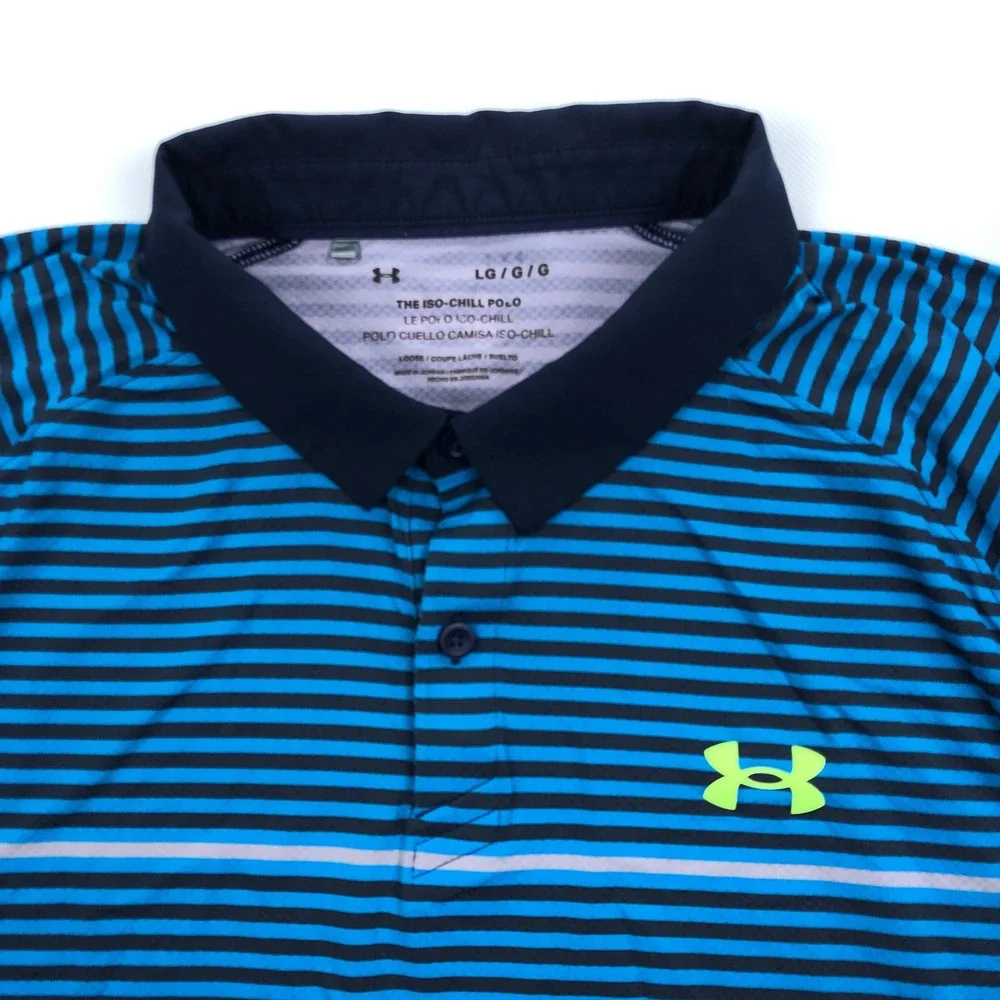 Under Armour Mens Iso-Chill Polo Shirt Blue Black Striped Golf Large 1377296 - Picture 2 of 11